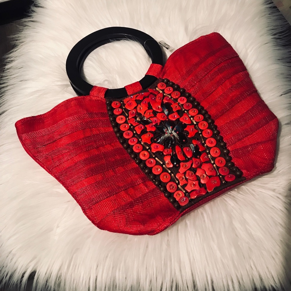 Red Embellished Beaded Tote